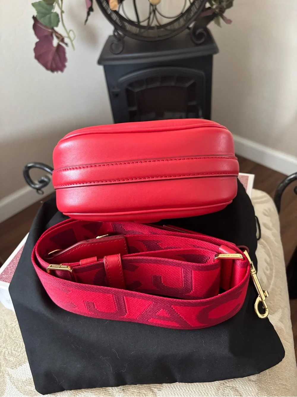 Marc Jacobs Bright Red Crossbody Saddle Bag with Logo Strap